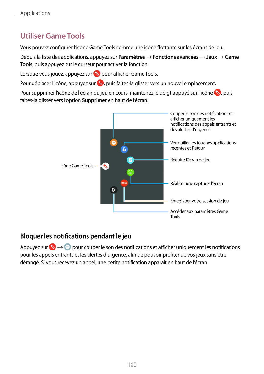 Samsung SM-G930FZWAXEF, SM-G930FZDAXEF, SM-G930FZKAXEF manual Utiliser Game Tools, Bloquer les notifications pendant le jeu 