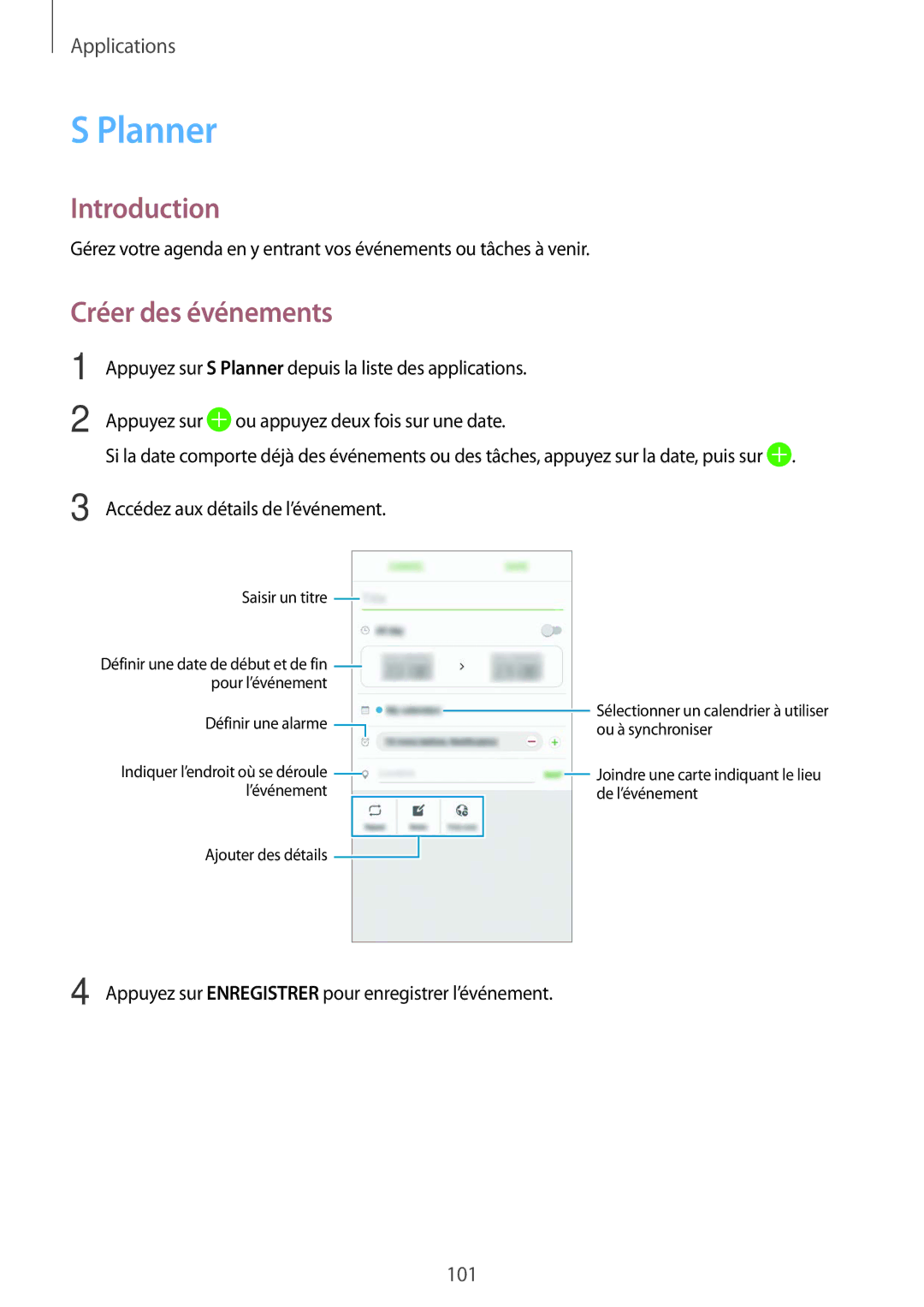 Samsung SM-G930FZDAXEF, SM-G930FZWAXEF, SM-G930FZKAXEF, SM-G930FEDAXEF, SM-G930FZSAXEF manual Planner, Créer des événements 