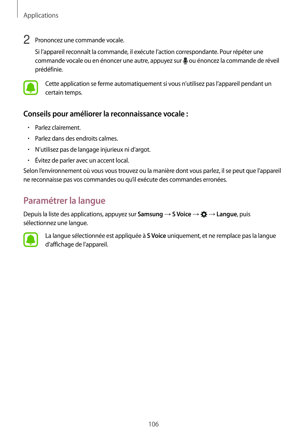 Samsung SM-G930FZDAXEF, SM-G930FZWAXEF manual Paramétrer la langue, Conseils pour améliorer la reconnaissance vocale 