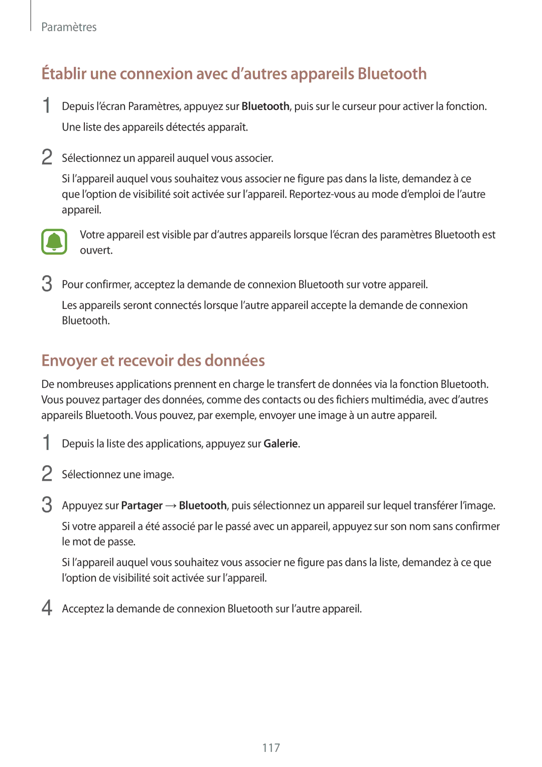 Samsung SM-G930FZKAXEF manual Établir une connexion avec d’autres appareils Bluetooth, Envoyer et recevoir des données 