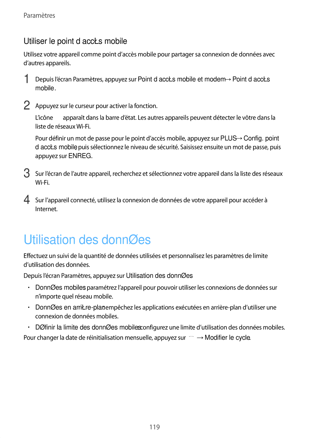 Samsung SM-G930FZSAXEF, SM-G930FZWAXEF, SM-G930FZDAXEF manual Utilisation des données, Utiliser le point d’accès mobile 