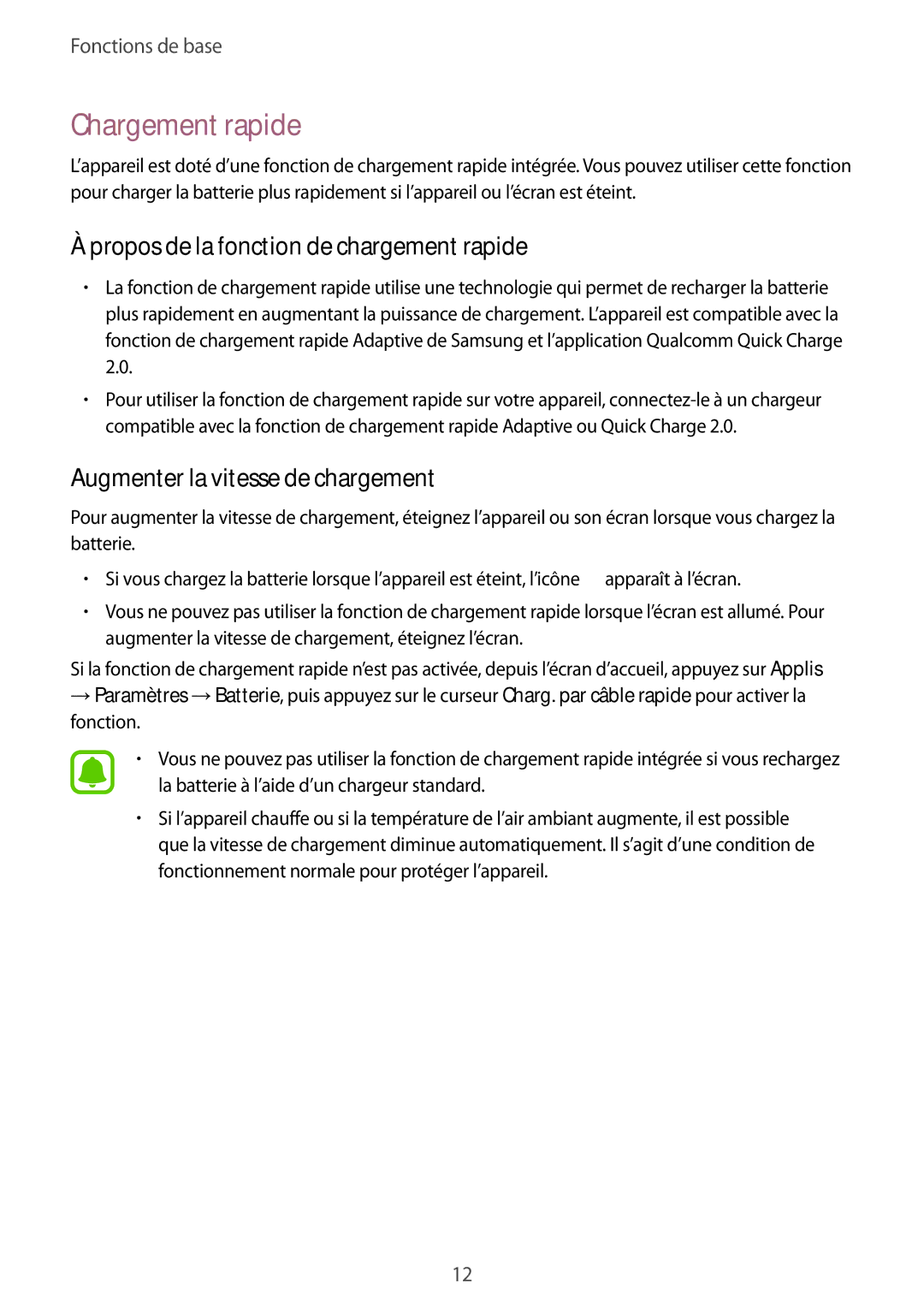 Samsung SM-G930FZKAXEF Chargement rapide, Propos de la fonction de chargement rapide, Augmenter la vitesse de chargement 