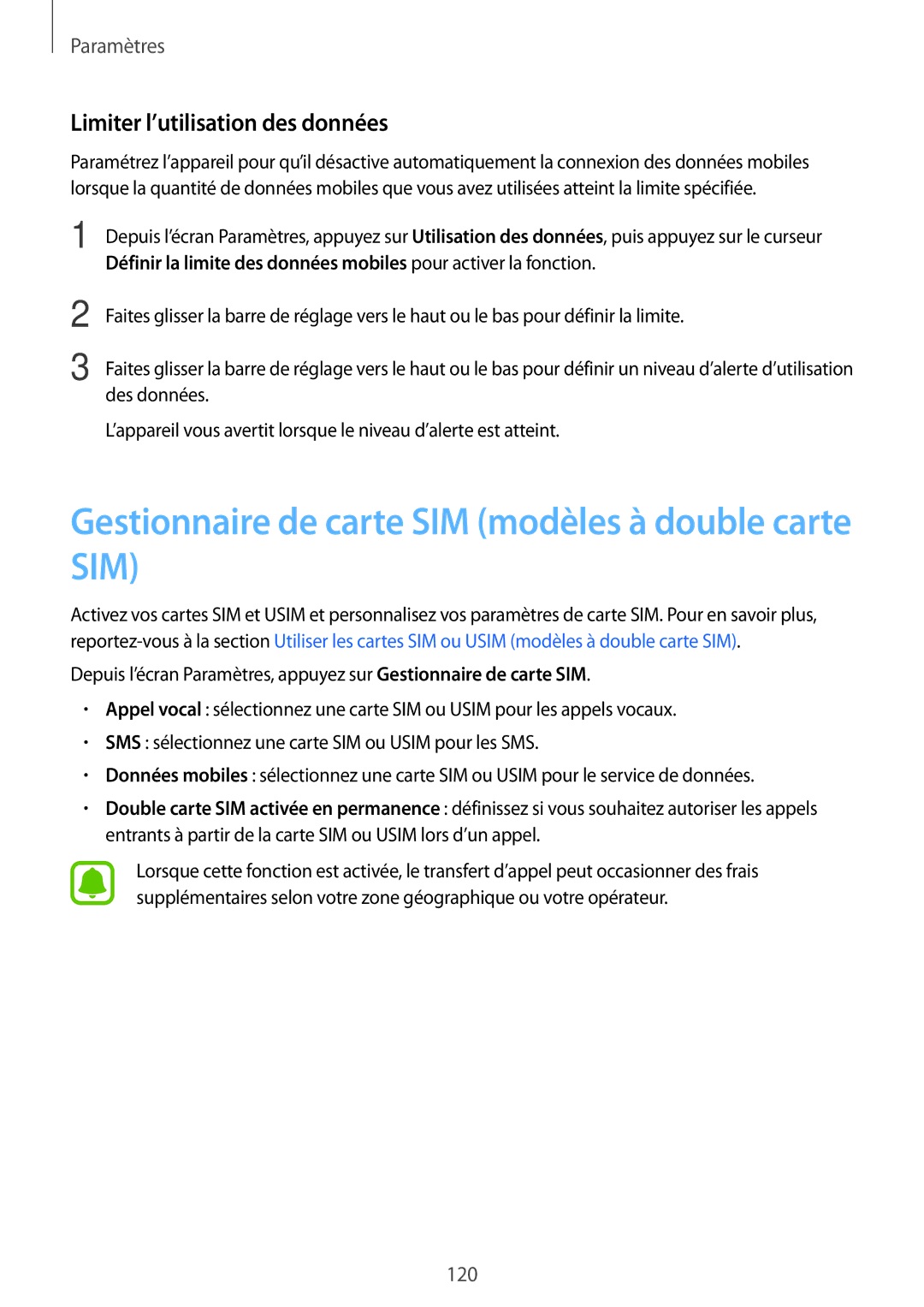 Samsung SM-G930FZWAXEF manual Gestionnaire de carte SIM modèles à double carte SIM, Limiter l’utilisation des données 