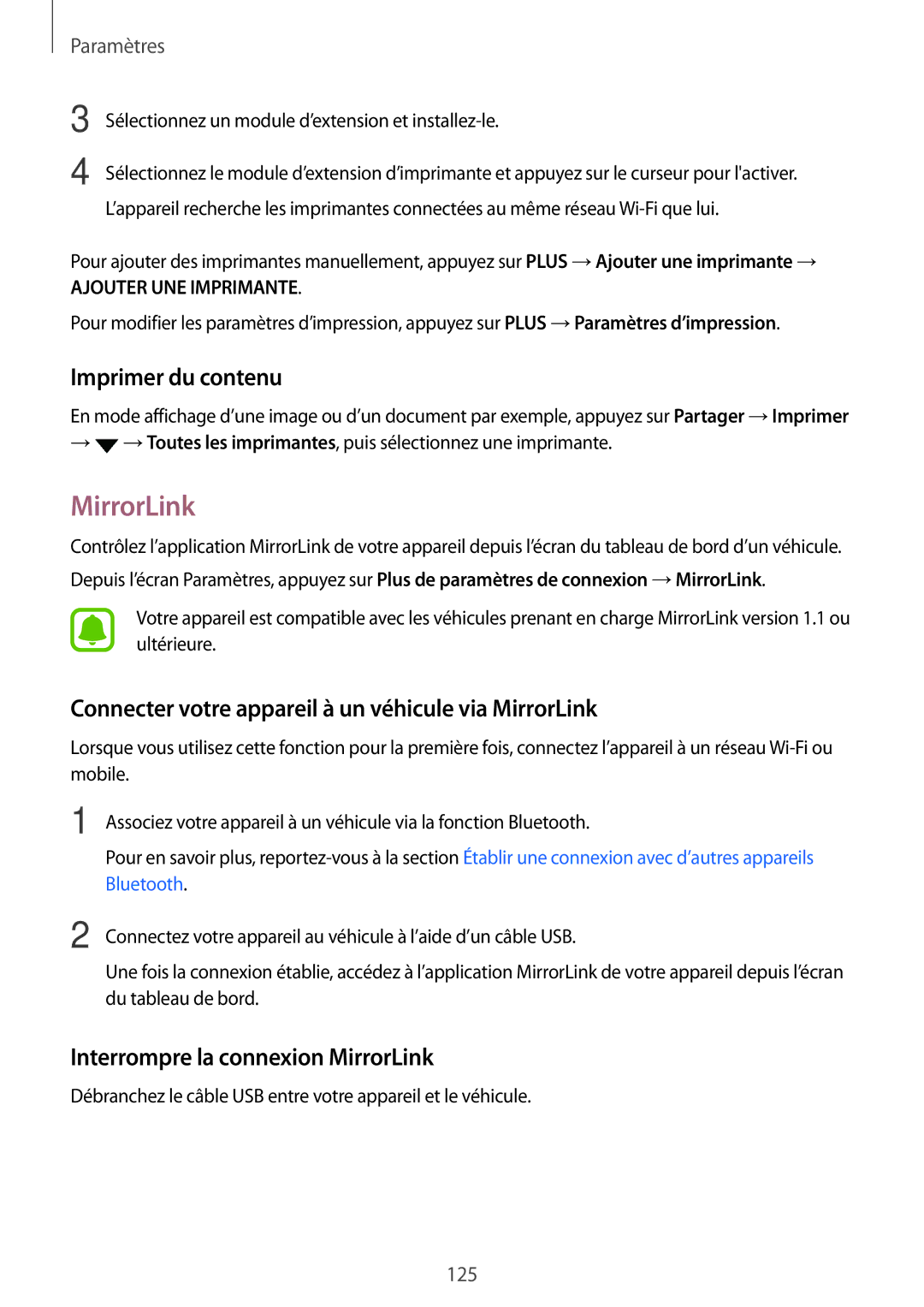 Samsung SM-G930FZWAXEF, SM-G930FZDAXEF manual Imprimer du contenu, Connecter votre appareil à un véhicule via MirrorLink 