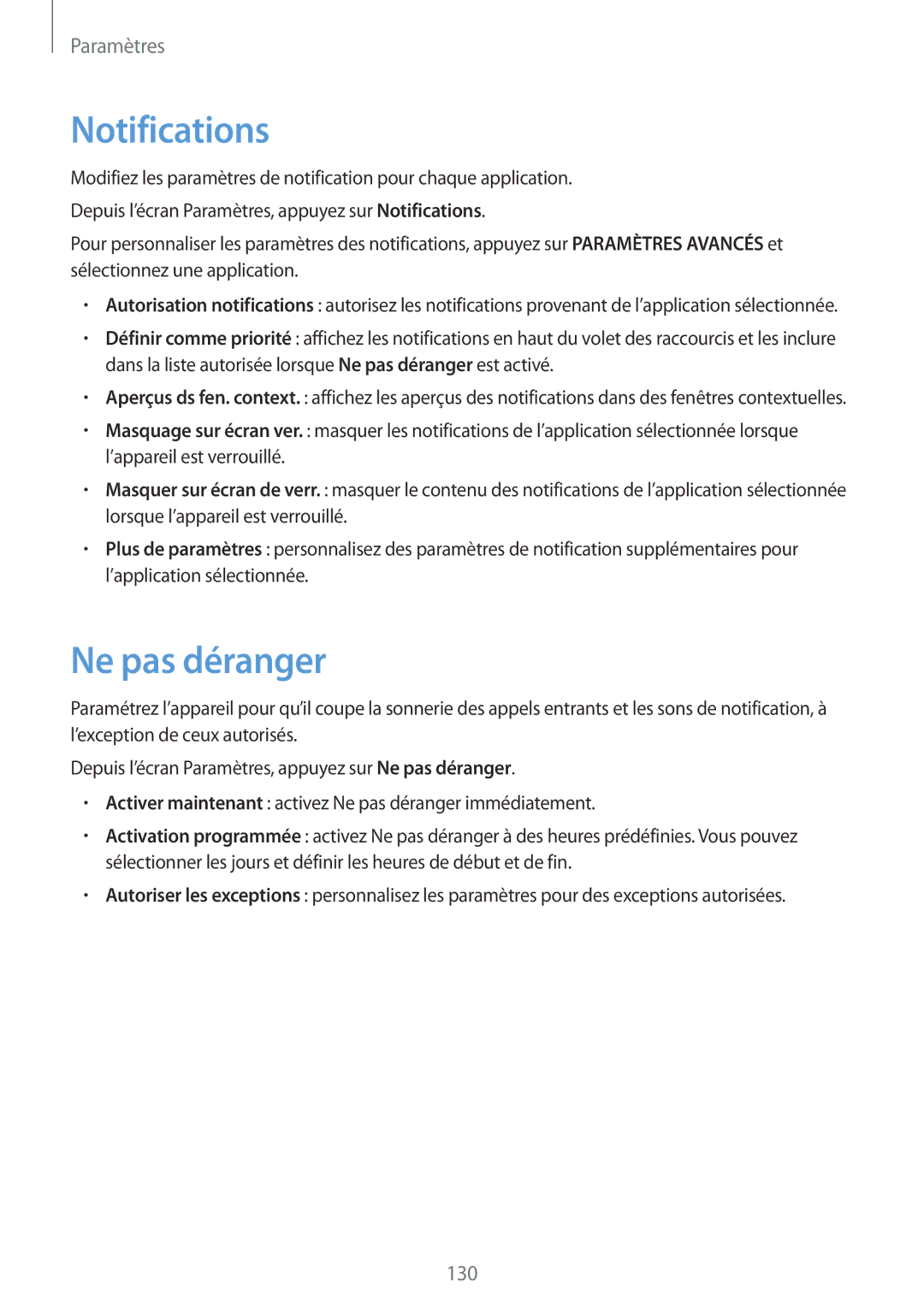 Samsung SM-G930FZWAXEF, SM-G930FZDAXEF, SM-G930FZKAXEF, SM-G930FEDAXEF, SM-G930FZSAXEF manual Notifications, Ne pas déranger 