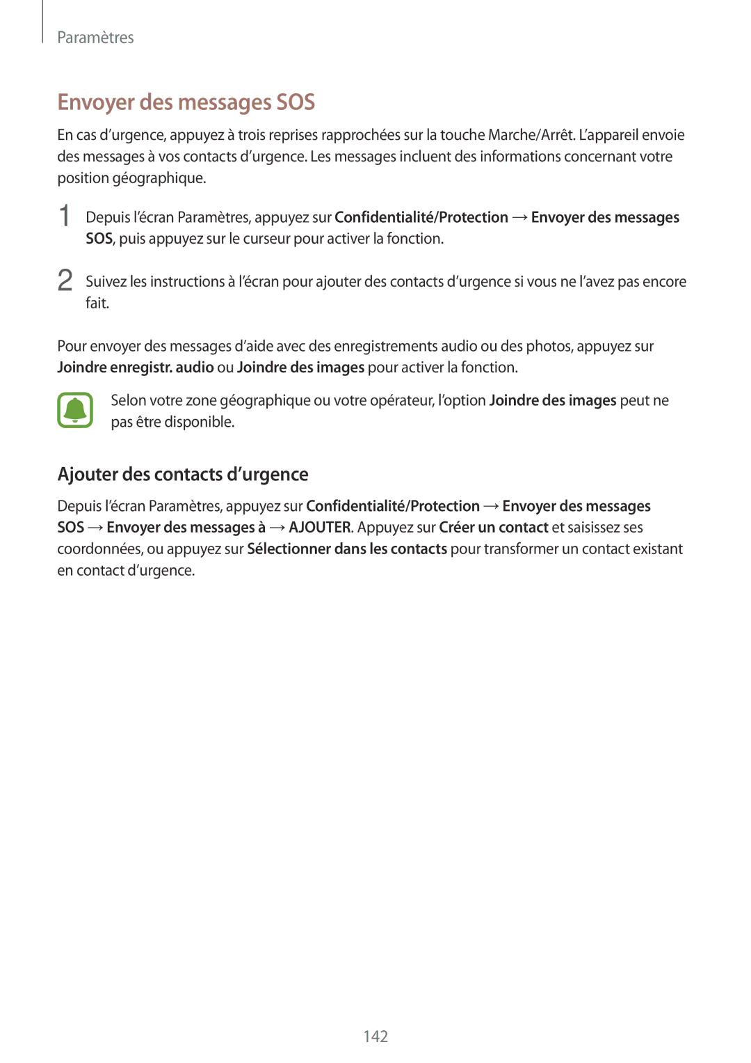 Samsung SM-G930FZKAXEF, SM-G930FZWAXEF, SM-G930FZDAXEF manual Envoyer des messages SOS, Ajouter des contacts d’urgence 