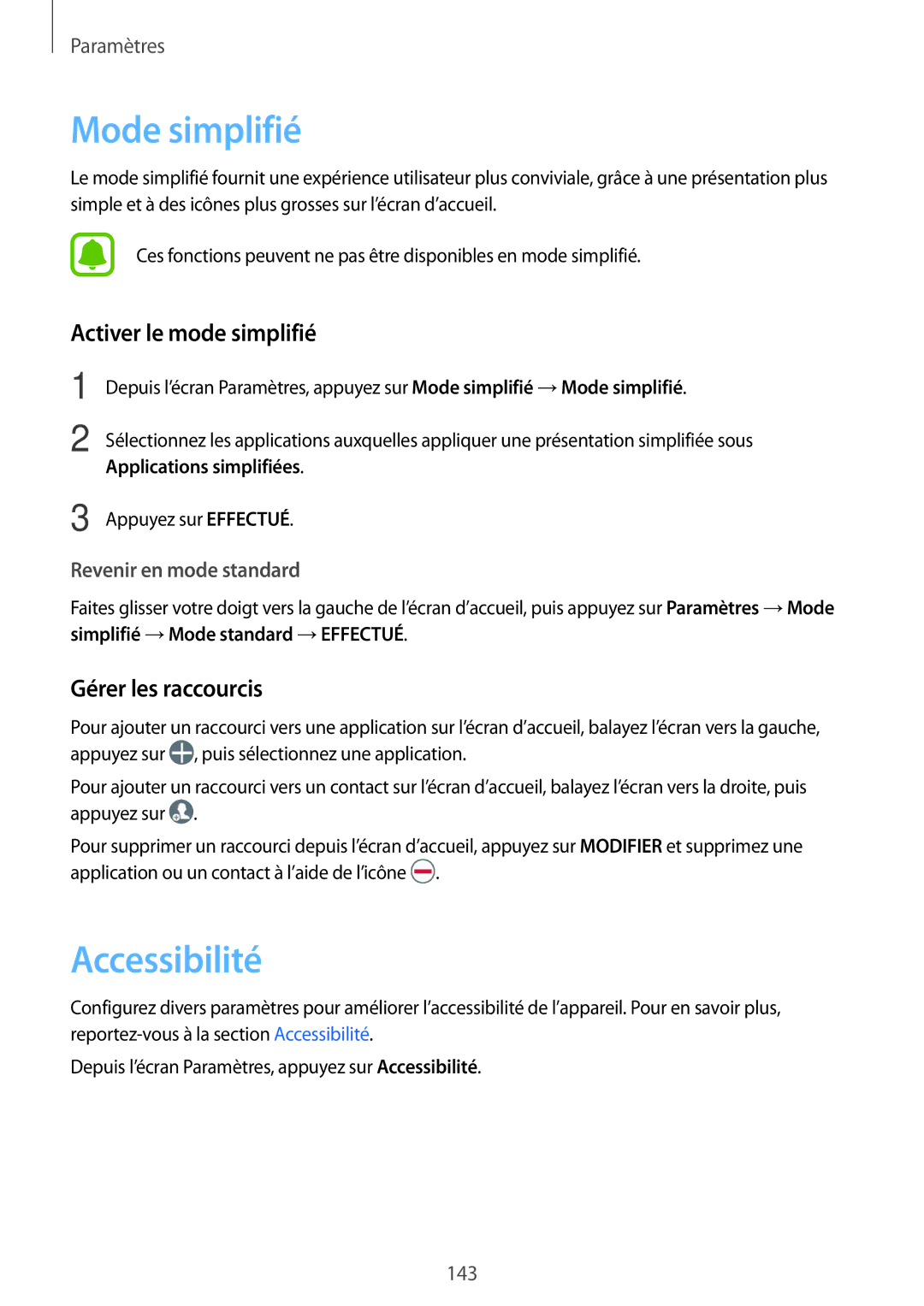 Samsung SM-G930FEDAXEF, SM-G930FZWAXEF manual Mode simplifié, Accessibilité, Activer le mode simplifié, Gérer les raccourcis 