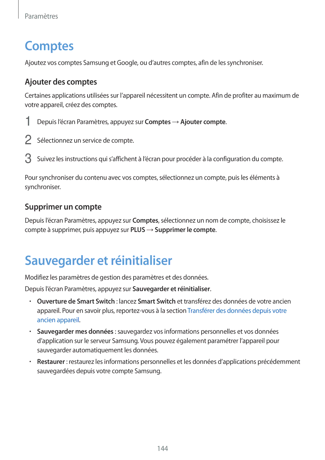 Samsung SM-G930FZSAXEF, SM-G930FZWAXEF Comptes, Sauvegarder et réinitialiser, Ajouter des comptes, Supprimer un compte 