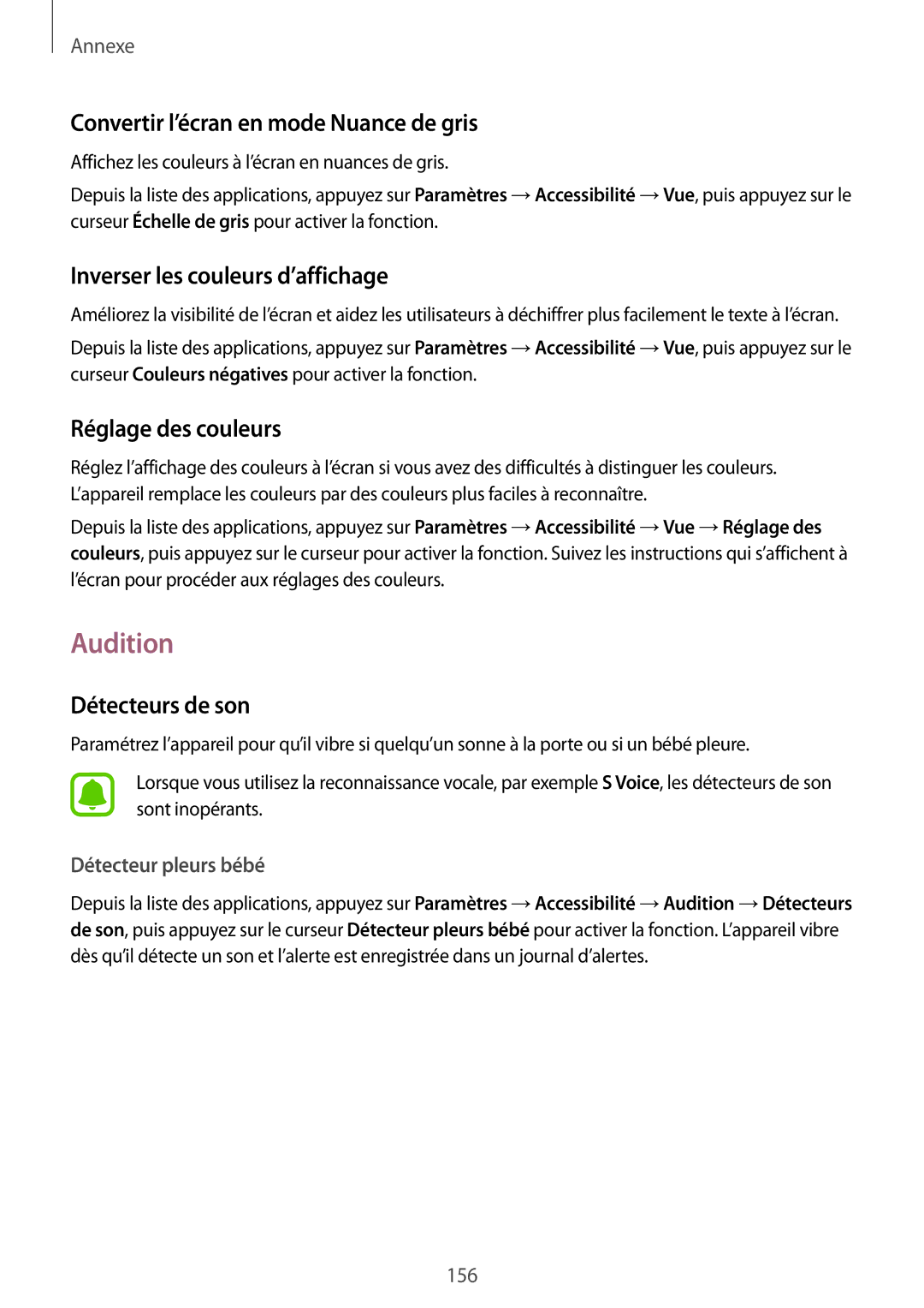 Samsung SM-G930FZDAXEF manual Audition, Convertir l’écran en mode Nuance de gris, Inverser les couleurs d’affichage 