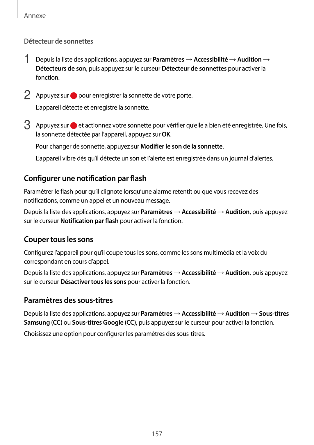 Samsung SM-G930FZKAXEF manual Configurer une notification par flash, Couper tous les sons, Paramètres des sous-titres 