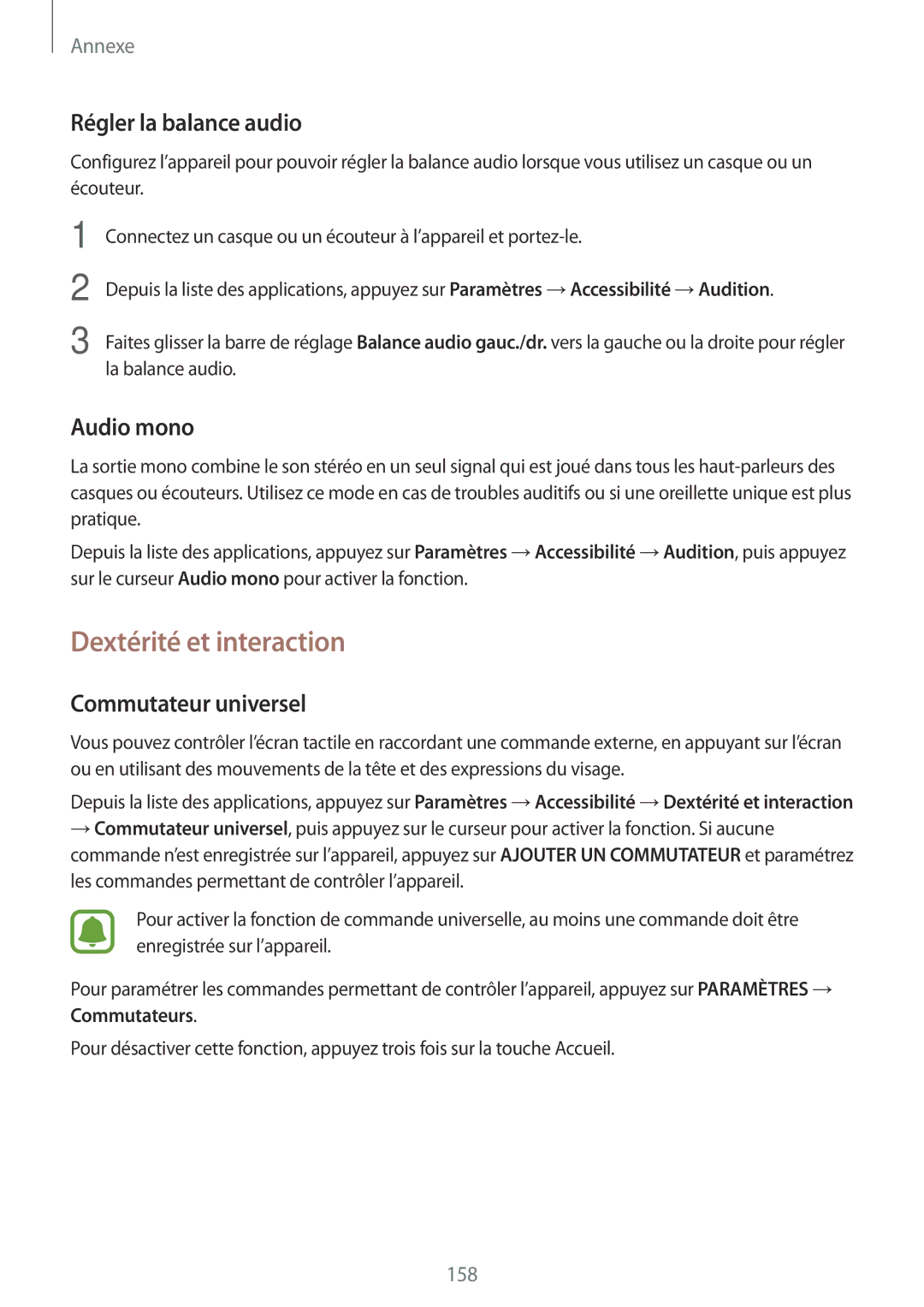 Samsung SM-G930FEDAXEF manual Dextérité et interaction, Régler la balance audio, Audio mono, Commutateur universel 