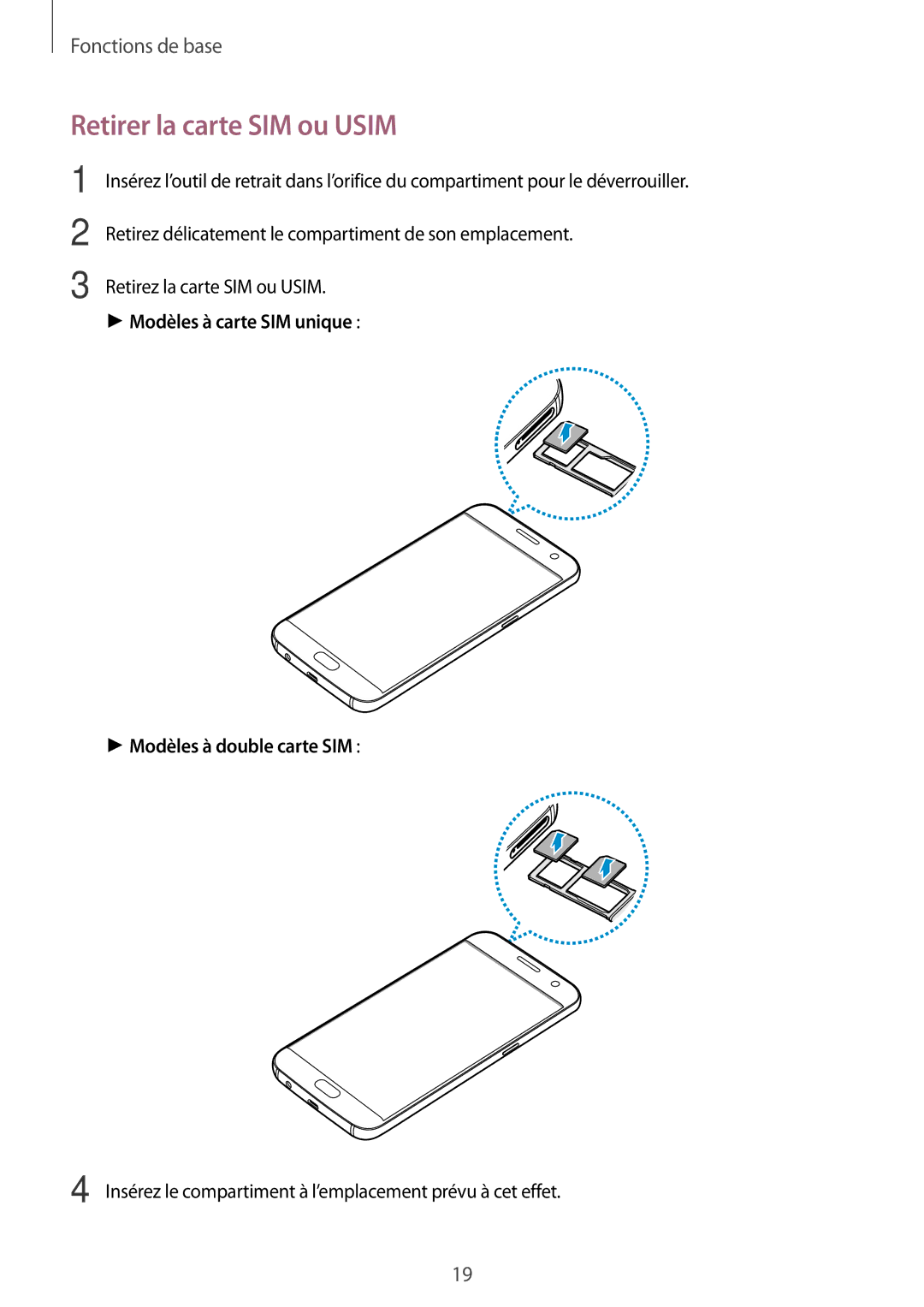 Samsung SM-G930FZSAXEF, SM-G930FZWAXEF, SM-G930FZDAXEF, SM-G930FZKAXEF, SM-G930FEDAXEF manual Retirer la carte SIM ou Usim 