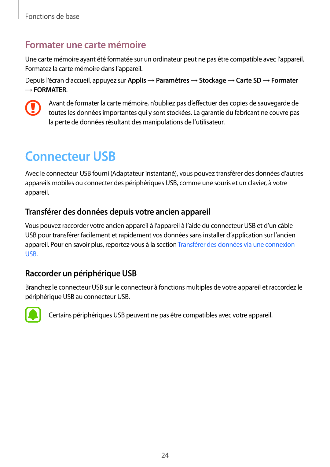 Samsung SM-G930FZSAXEF Connecteur USB, Formater une carte mémoire, Transférer des données depuis votre ancien appareil 