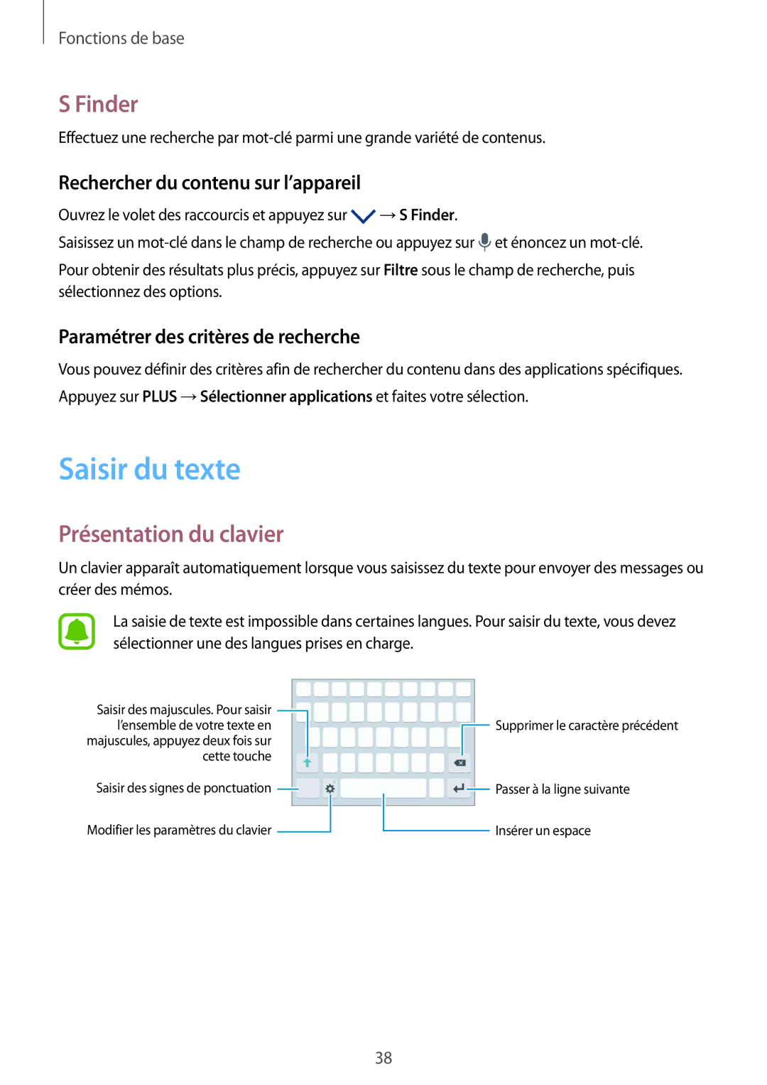 Samsung SM-G930FEDAXEF manual Saisir du texte, Finder, Présentation du clavier, Rechercher du contenu sur l’appareil 