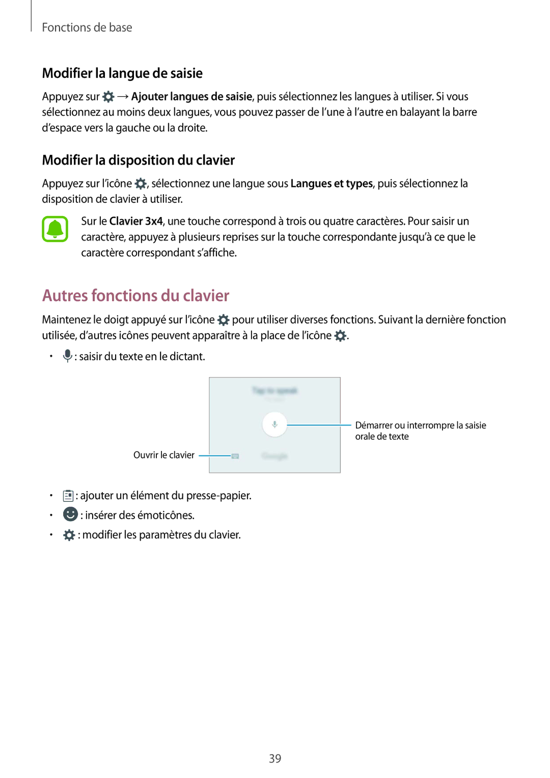 Samsung SM-G930FZSAXEF manual Autres fonctions du clavier, Modifier la langue de saisie, Modifier la disposition du clavier 