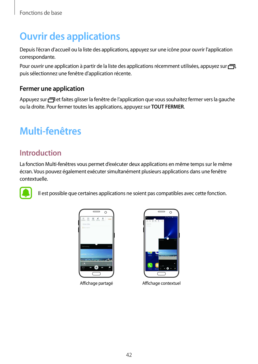 Samsung SM-G930FZKAXEF, SM-G930FZWAXEF manual Ouvrir des applications, Multi-fenêtres, Introduction, Fermer une application 