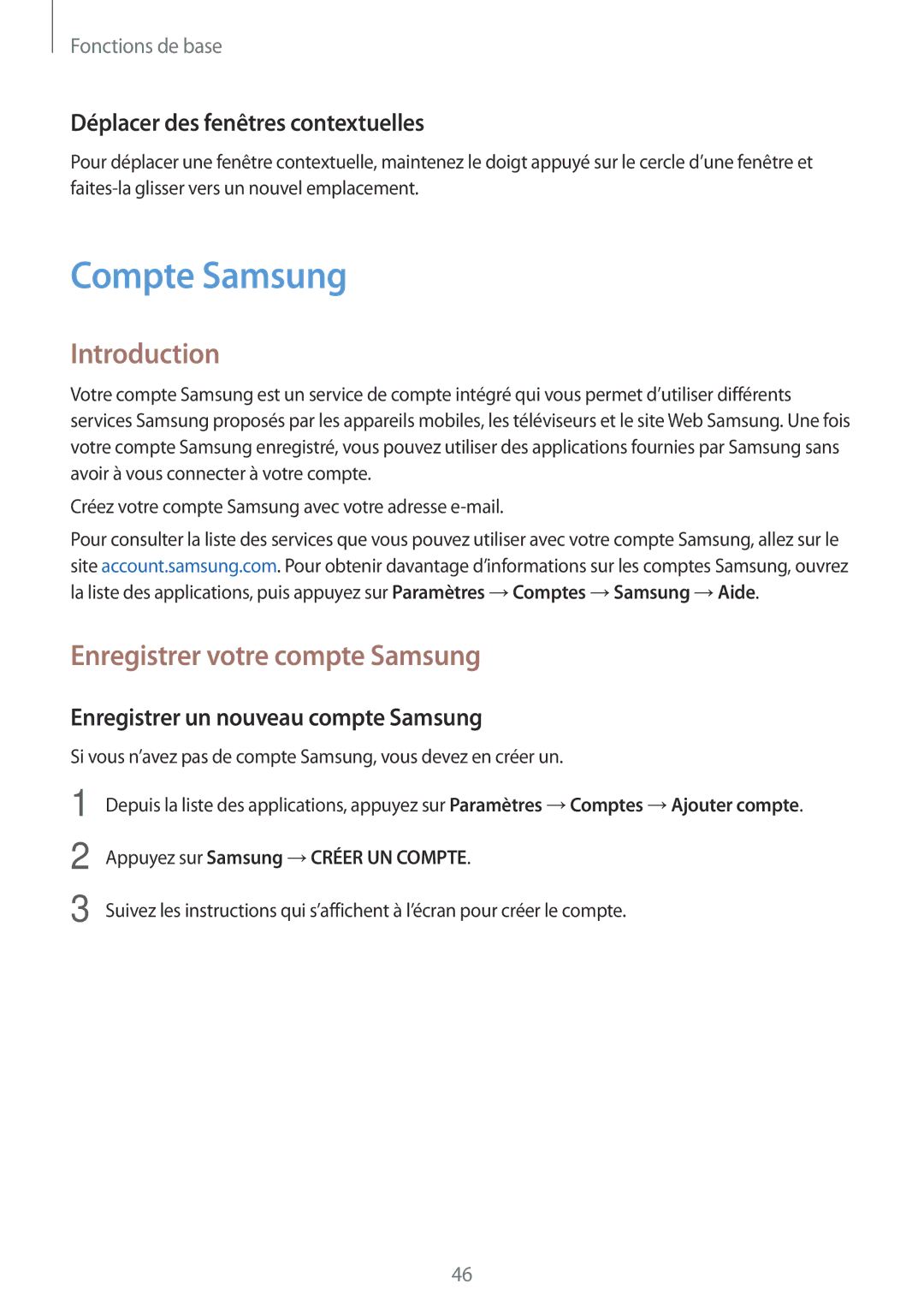 Samsung SM-G930FZDAXEF manual Compte Samsung, Enregistrer votre compte Samsung, Déplacer des fenêtres contextuelles 