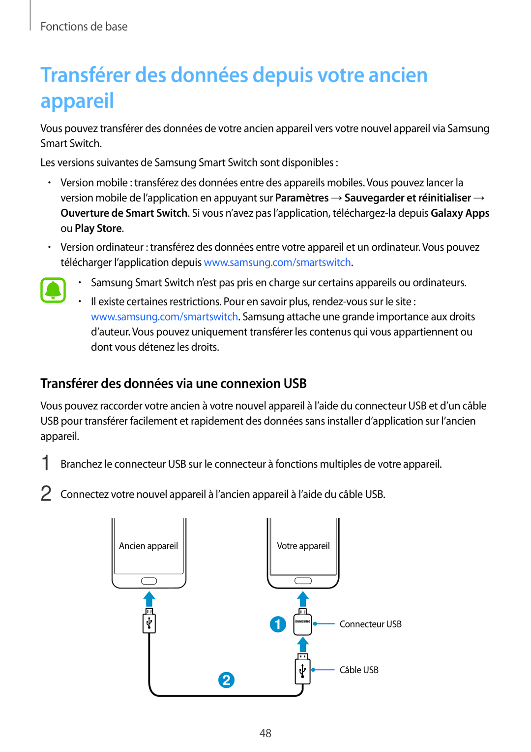 Samsung SM-G930FEDAXEF Transférer des données depuis votre ancien appareil, Transférer des données via une connexion USB 