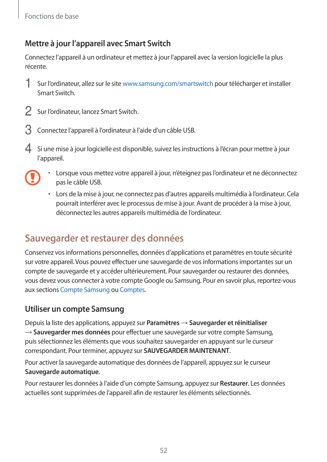 Samsung SM-G930FZKAXEF, SM-G930FZWAXEF Sauvegarder et restaurer des données, Mettre à jour l’appareil avec Smart Switch 
