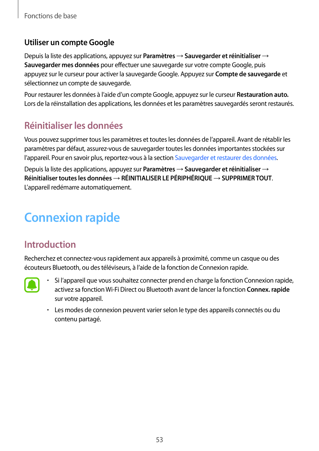 Samsung SM-G930FEDAXEF, SM-G930FZWAXEF manual Connexion rapide, Réinitialiser les données, Utiliser un compte Google 