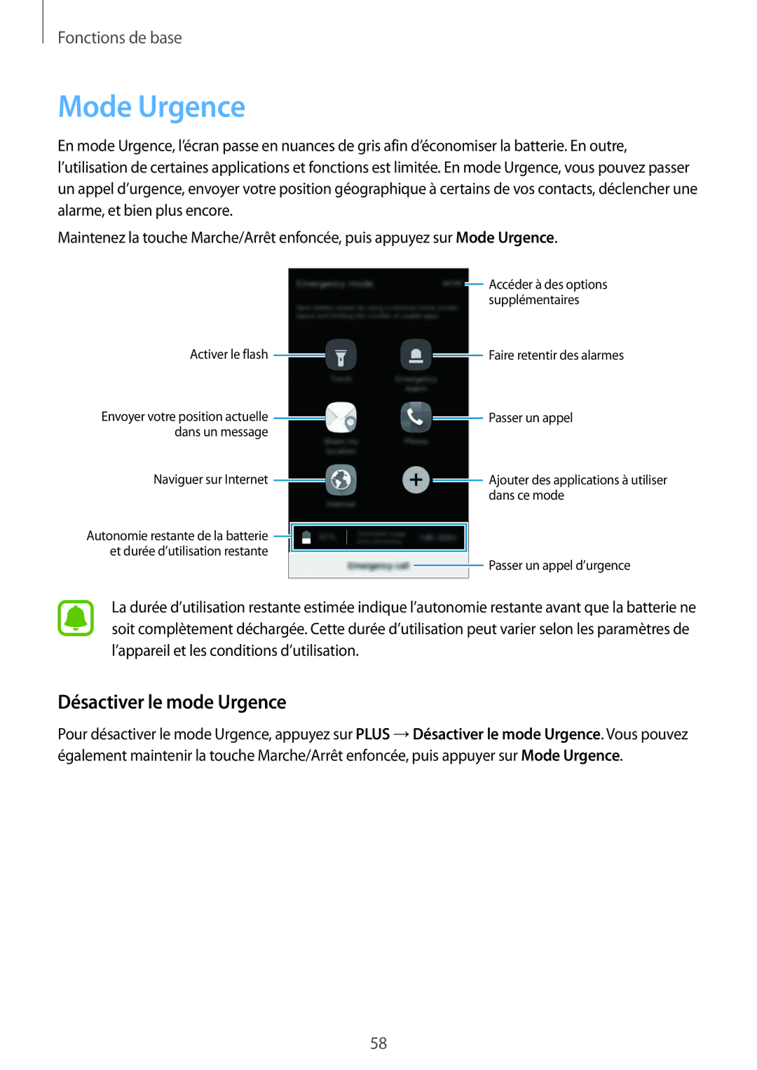 Samsung SM-G930FEDAXEF, SM-G930FZWAXEF, SM-G930FZDAXEF, SM-G930FZKAXEF manual Mode Urgence, Désactiver le mode Urgence 