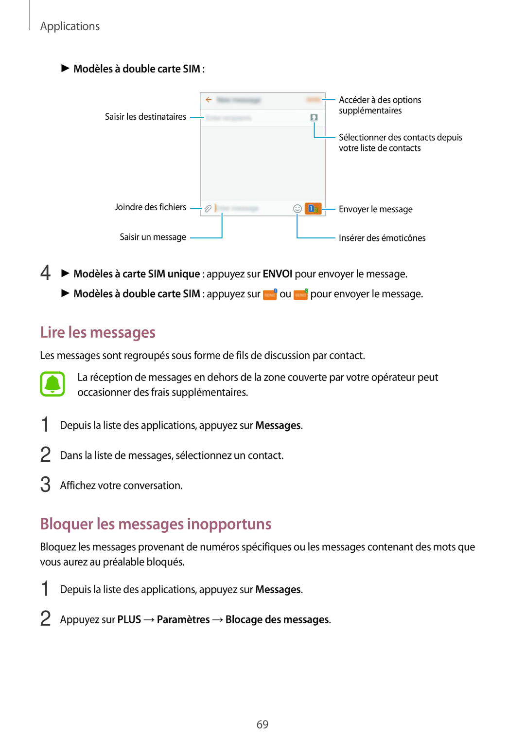 Samsung SM-G930FZSAXEF, SM-G930FZWAXEF, SM-G930FZDAXEF, SM-G930FZKAXEF Lire les messages, Bloquer les messages inopportuns 