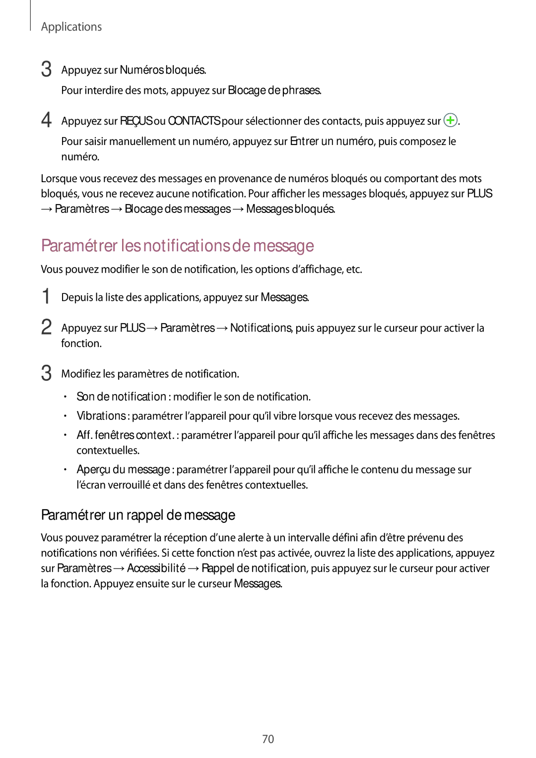 Samsung SM-G930FZWAXEF, SM-G930FZDAXEF manual Paramétrer les notifications de message, Paramétrer un rappel de message 