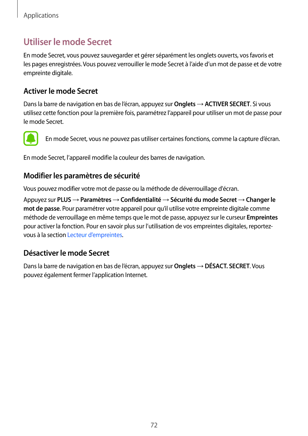 Samsung SM-G930FZKAXEF manual Utiliser le mode Secret, Activer le mode Secret, Modifier les paramètres de sécurité 