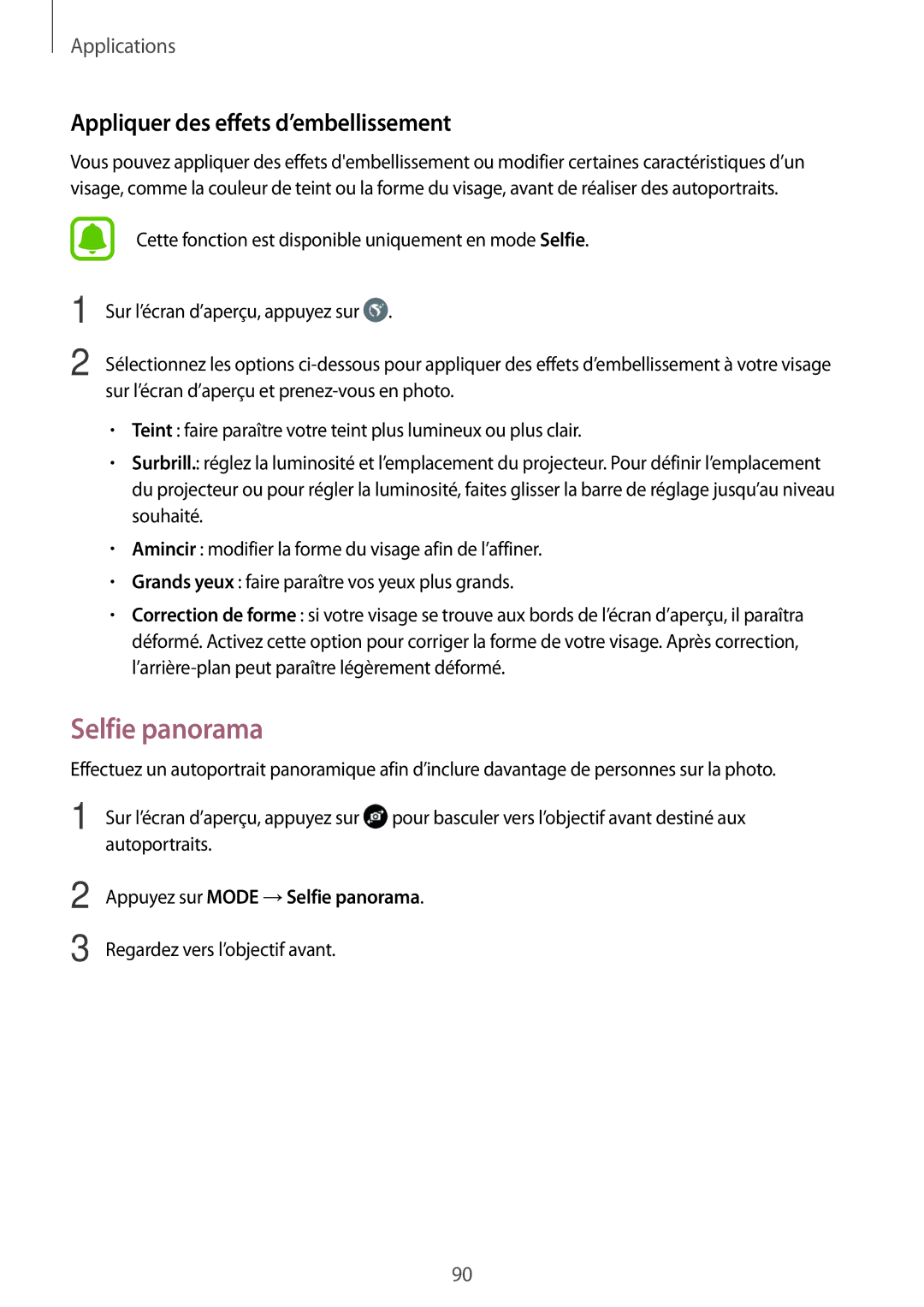 Samsung SM-G930FZWAXEF, SM-G930FZDAXEF, SM-G930FZKAXEF manual Selfie panorama, Appliquer des effets d’embellissement 