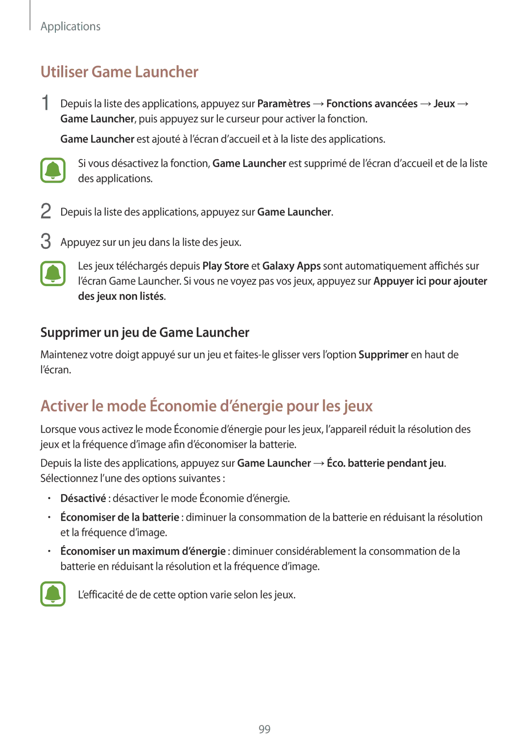 Samsung SM-G930FZSAXEF, SM-G930FZWAXEF manual Utiliser Game Launcher, Activer le mode Économie d’énergie pour les jeux 