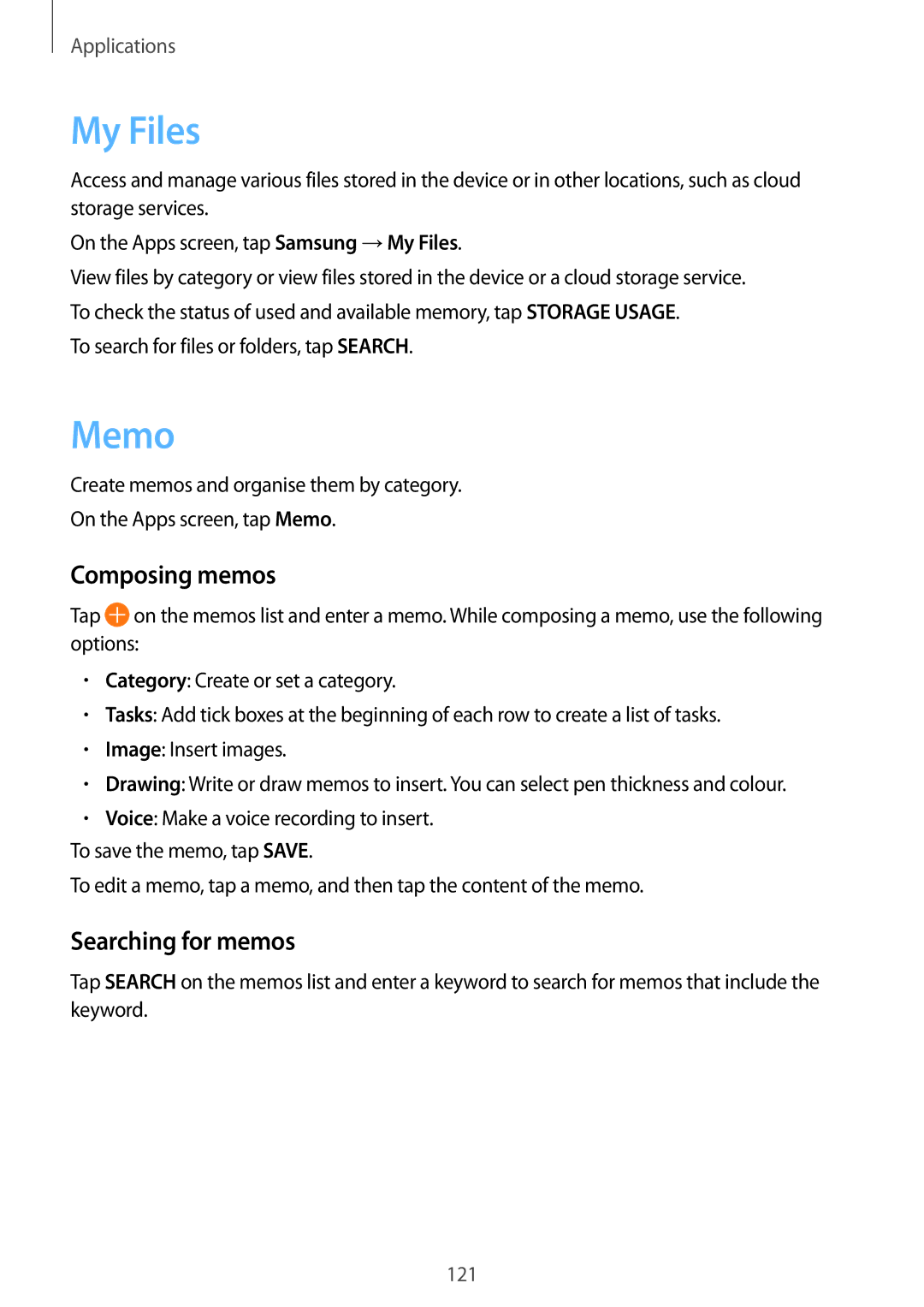 Samsung SM-G935FZDASEB, SM-G935FEDADBT, SM-G935FZKZDBT, SM-G935FZSADBT My Files, Memo, Composing memos, Searching for memos 