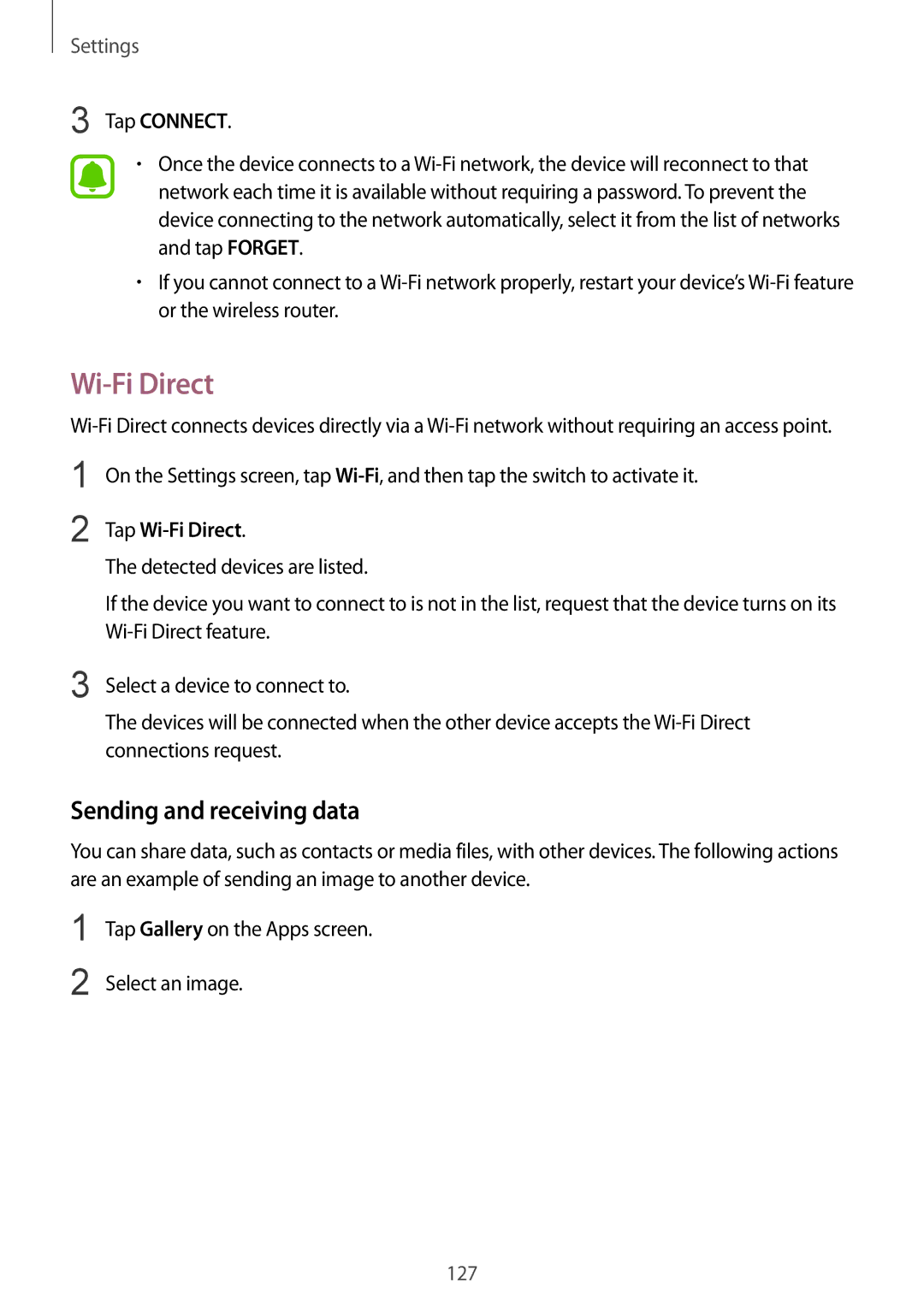 Samsung SM-G935FEDUSER, SM-G935FEDADBT, SM-G935FZKZDBT manual Sending and receiving data, Tap Connect, Tap Wi-Fi Direct 