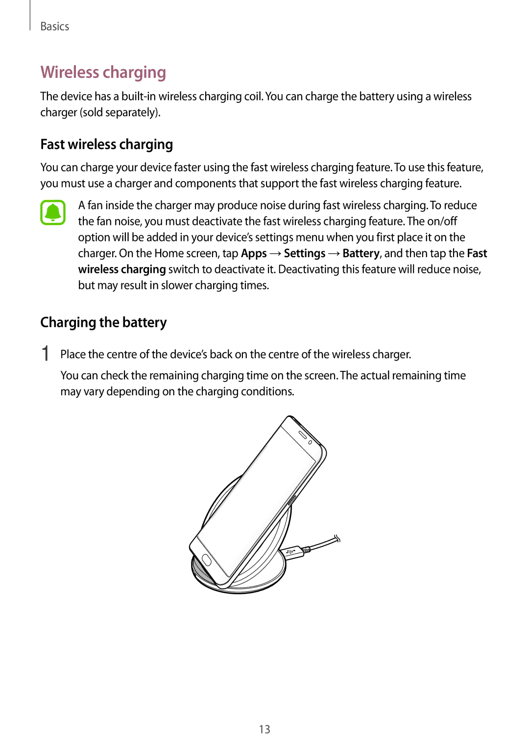 Samsung SM-G935FZBAITV, SM-G935FEDADBT, SM-G935FZKZDBT manual Wireless charging, Fast wireless charging, Charging the battery 