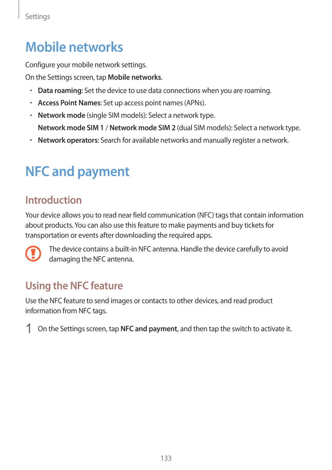 Samsung SM-G935FZKZDBT, SM-G935FEDADBT, SM-G935FZSADBT manual Mobile networks, NFC and payment, Using the NFC feature 