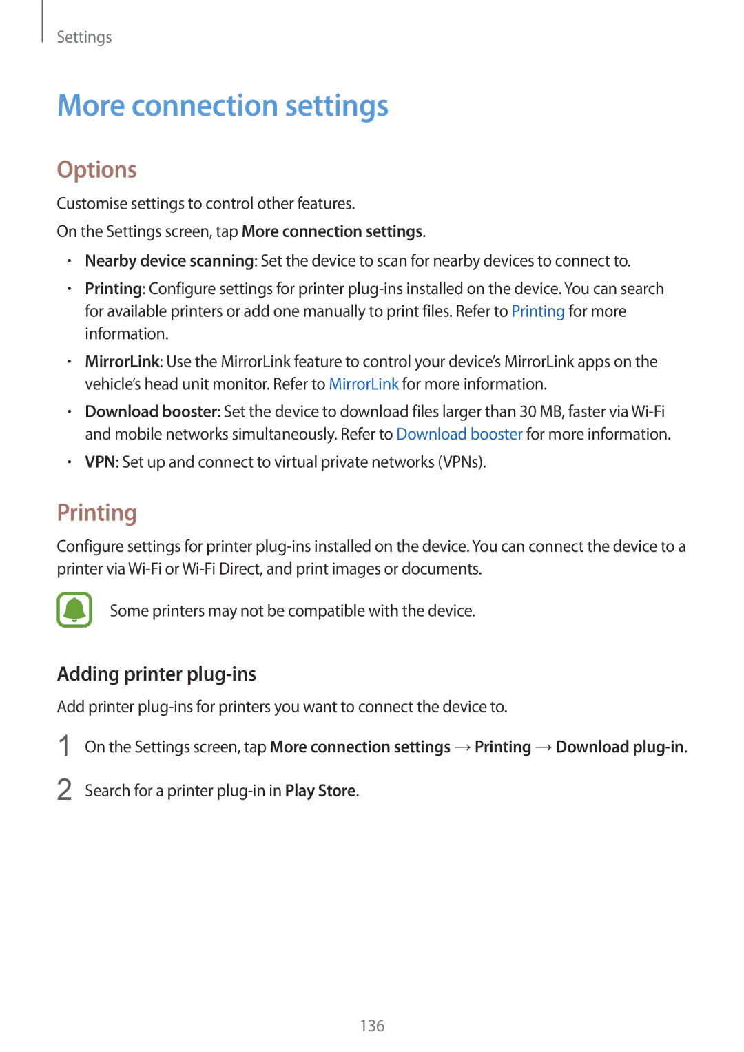 Samsung SM-G935FZWADBT, SM-G935FEDADBT, SM-G935FZKZDBT More connection settings, Options, Printing, Adding printer plug-ins 