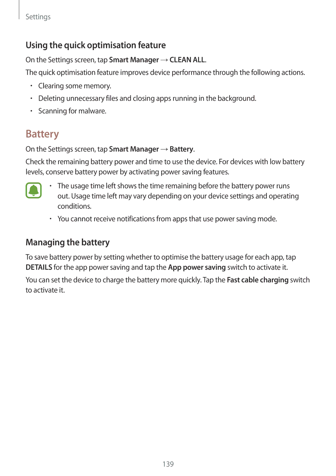 Samsung SM-G935FEDAXEF, SM-G935FEDADBT, SM-G935FZKZDBT Battery, Using the quick optimisation feature, Managing the battery 