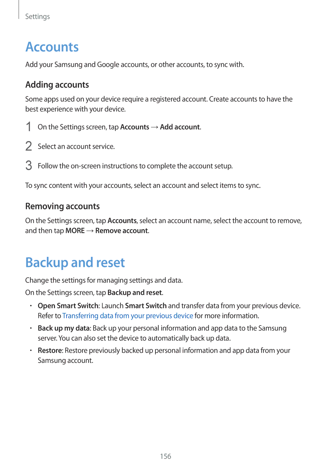 Samsung SM-G935FZKAKSA, SM-G935FEDADBT, SM-G935FZKZDBT manual Accounts, Backup and reset, Adding accounts, Removing accounts 