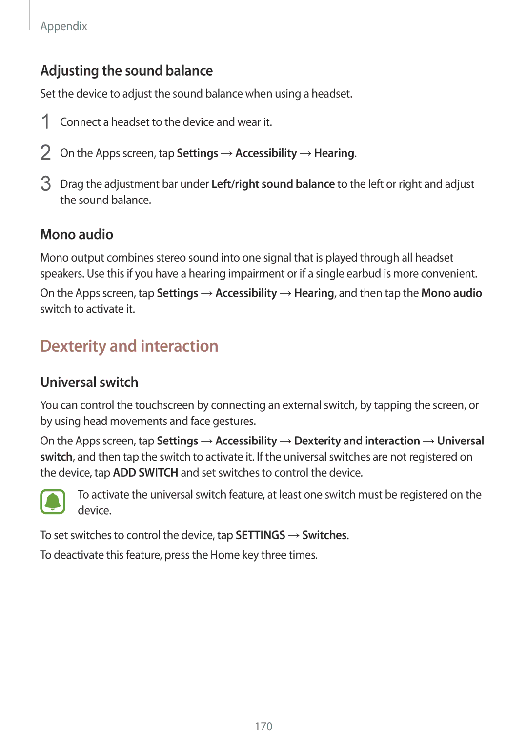 Samsung SM-G935FZKATWO manual Dexterity and interaction, Adjusting the sound balance, Mono audio, Universal switch 