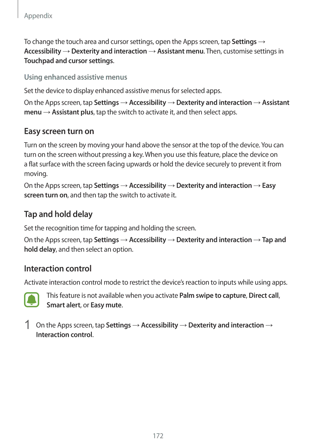 Samsung SM-G935FZDAVIP, SM-G935FEDADBT, SM-G935FZKZDBT manual Easy screen turn on, Tap and hold delay, Interaction control 