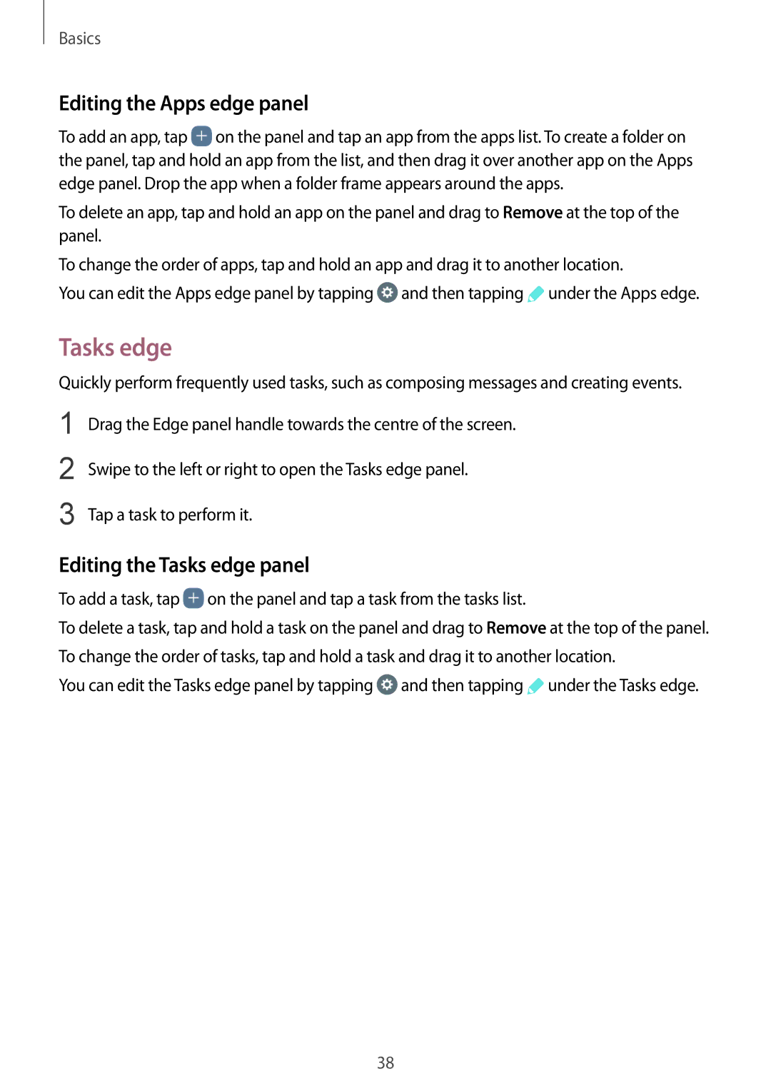 Samsung SM-G935FZKATWO, SM-G935FEDADBT, SM-G935FZKZDBT manual Editing the Apps edge panel, Editing the Tasks edge panel 