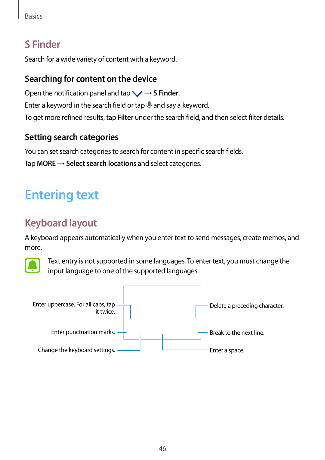 Samsung SM-G935FZBASEE, SM-G935FEDADBT manual Entering text, Finder, Keyboard layout, Searching for content on the device 