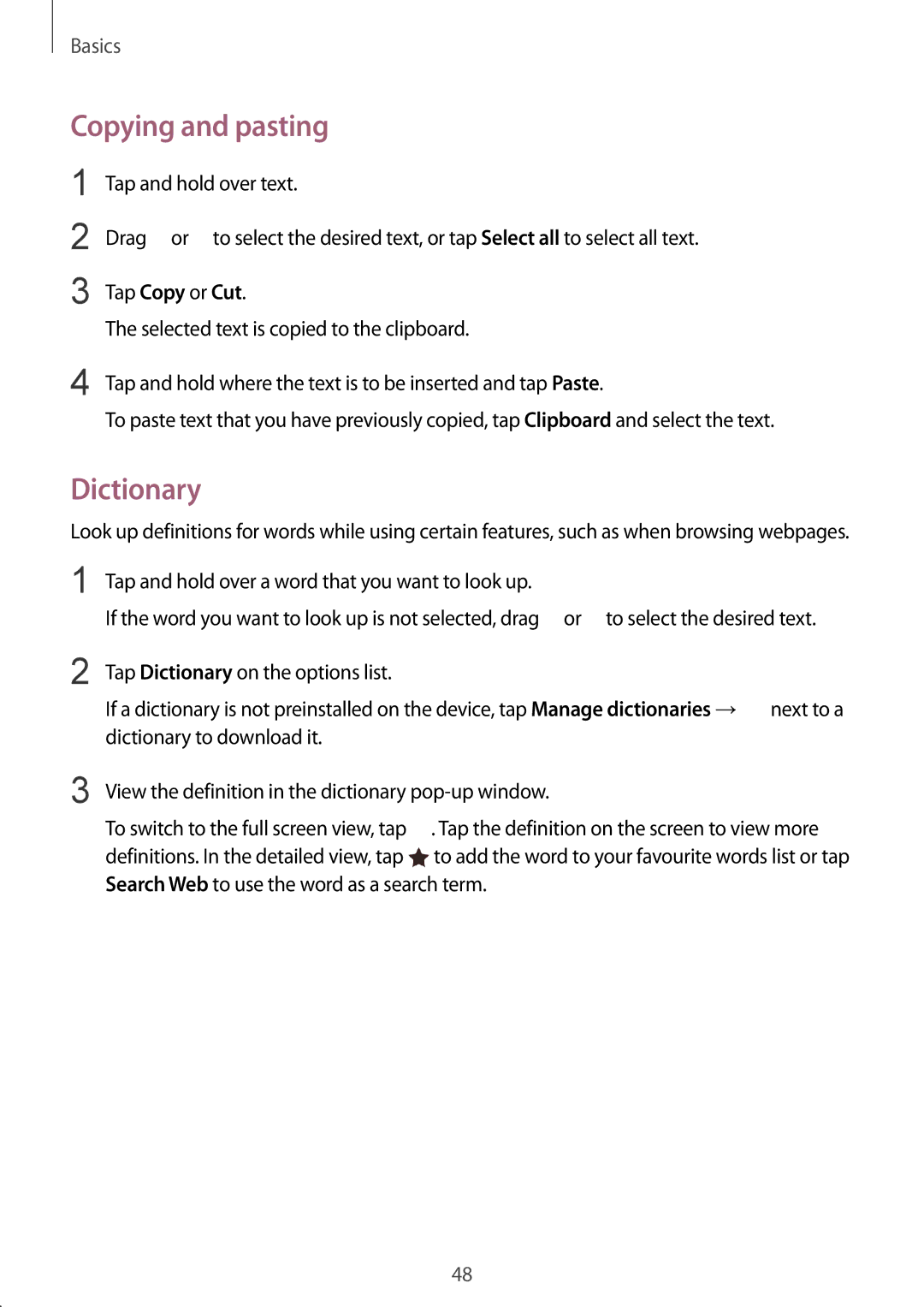 Samsung SM-G935FZBAETL, SM-G935FEDADBT, SM-G935FZKZDBT, SM-G935FZSADBT, SM-G935FZKADBT manual Copying and pasting, Dictionary 