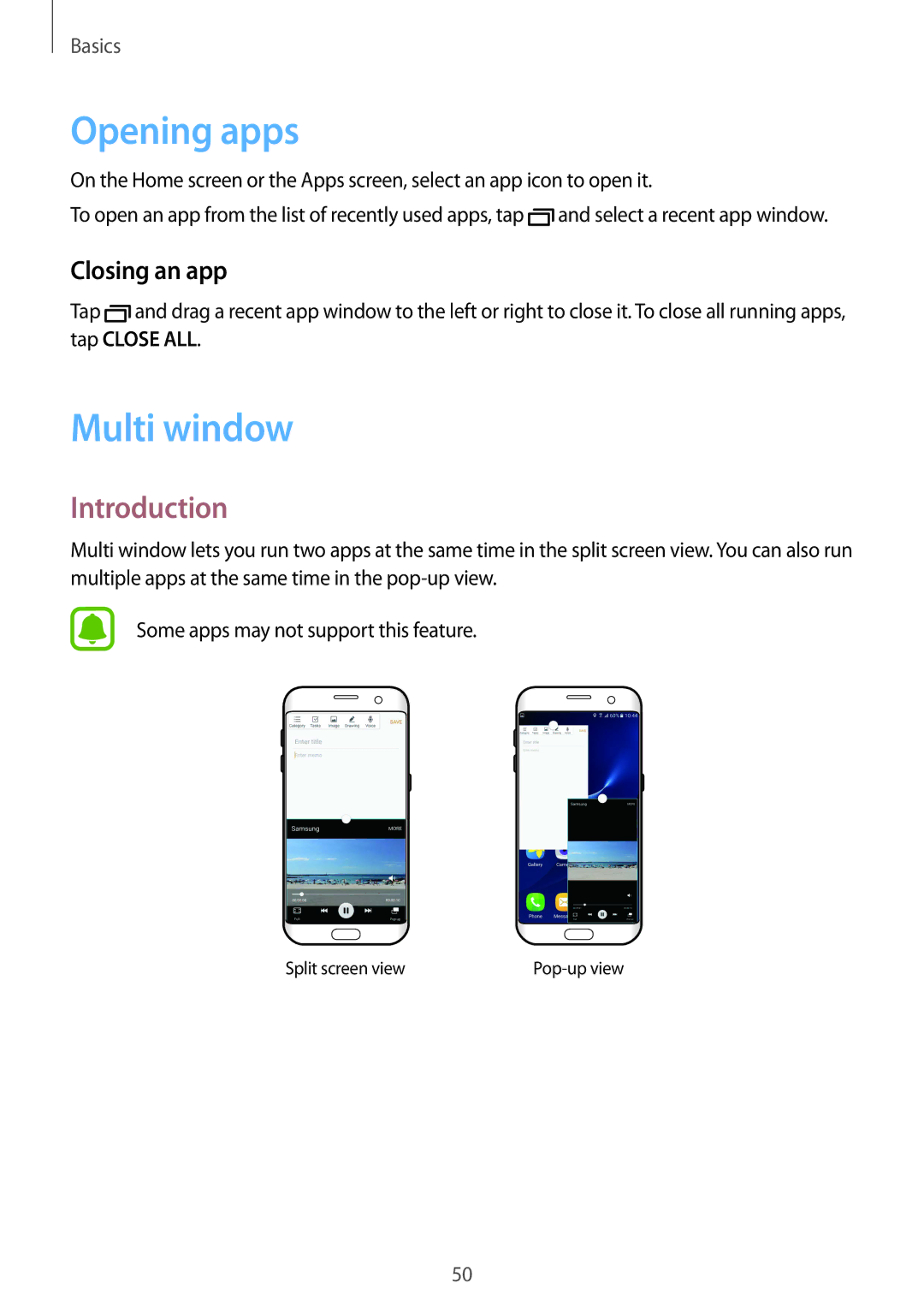 Samsung SM-G935FZBANEE, SM-G935FEDADBT, SM-G935FZKZDBT, SM-G935FZSADBT manual Opening apps, Multi window, Closing an app 