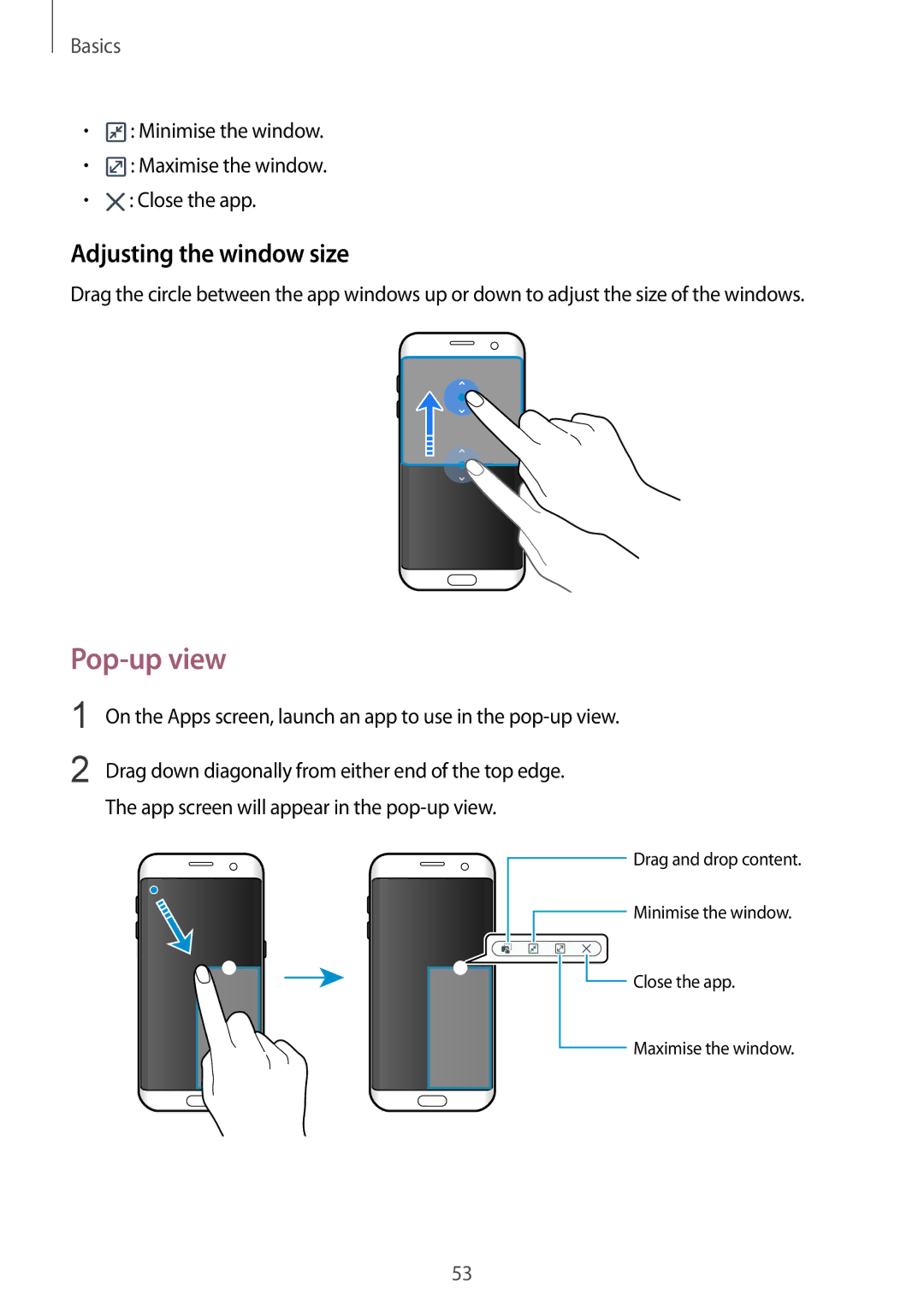 Samsung SM-G935FZKANEE, SM-G935FEDADBT, SM-G935FZKZDBT, SM-G935FZSADBT, SM-G935FZKADBT Pop-up view, Adjusting the window size 