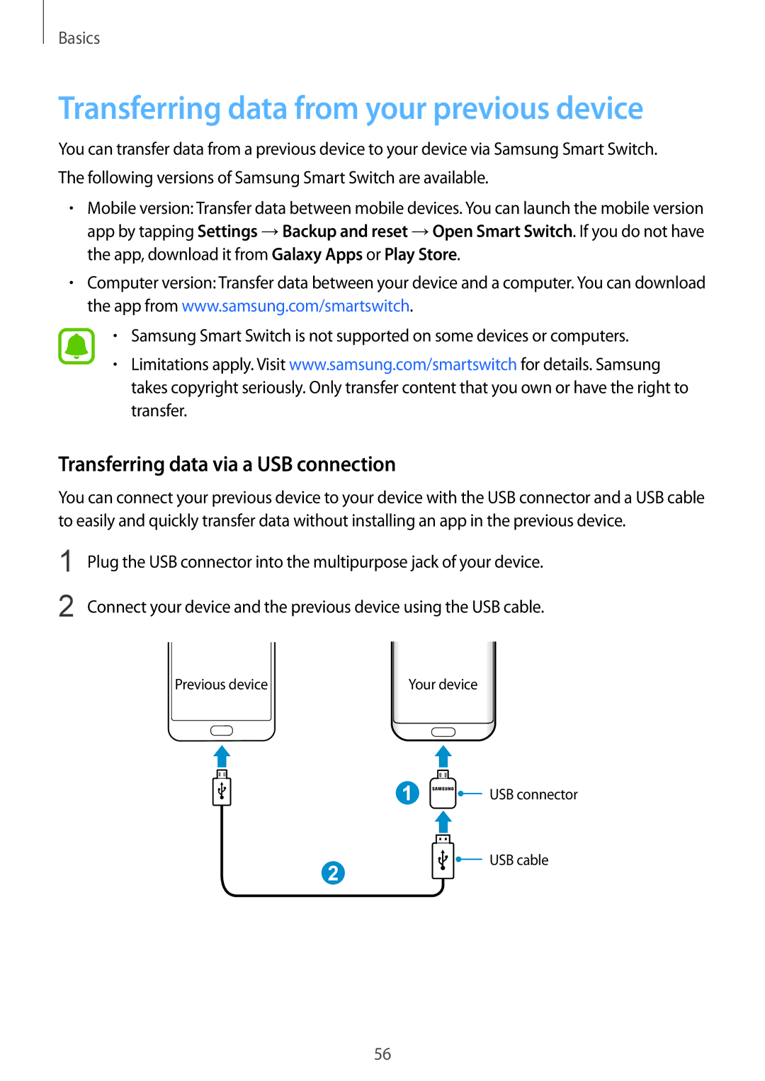 Samsung SM-G935FZKAEUR, SM-G935FEDADBT Transferring data from your previous device, Transferring data via a USB connection 