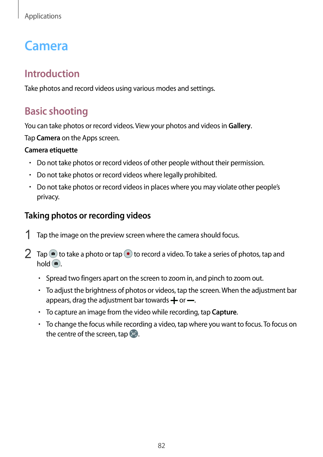 Samsung SM-G935FZWAITV, SM-G935FEDADBT manual Basic shooting, Taking photos or recording videos, Camera etiquette 