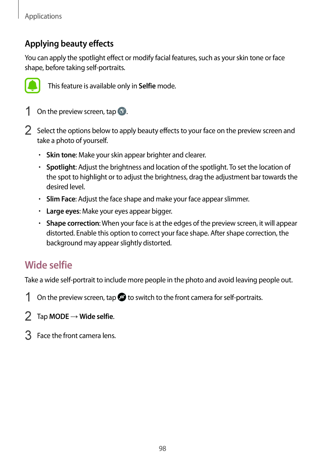 Samsung SM-G935FZKWXEV, SM-G935FEDADBT, SM-G935FZKZDBT, SM-G935FZSADBT Applying beauty effects, Tap Mode →Wide selfie 