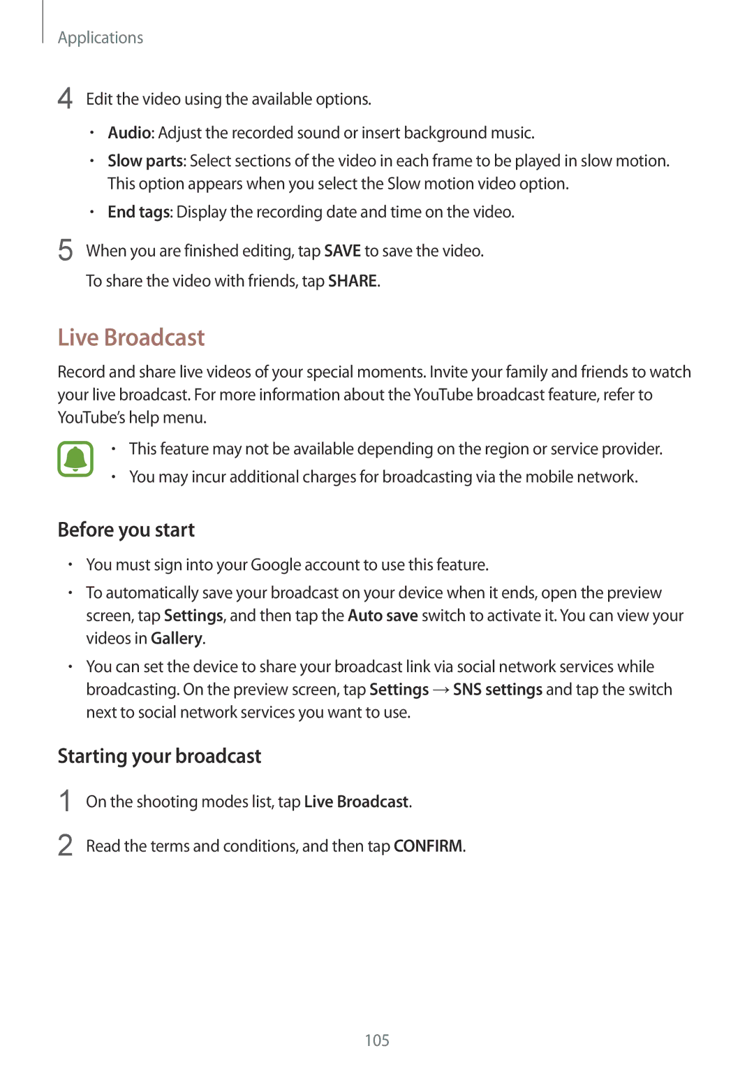 Samsung SM-G935FZDADHR, SM-G935FEDADBT, SM-G935FZKZDBT manual Live Broadcast, Before you start, Starting your broadcast 