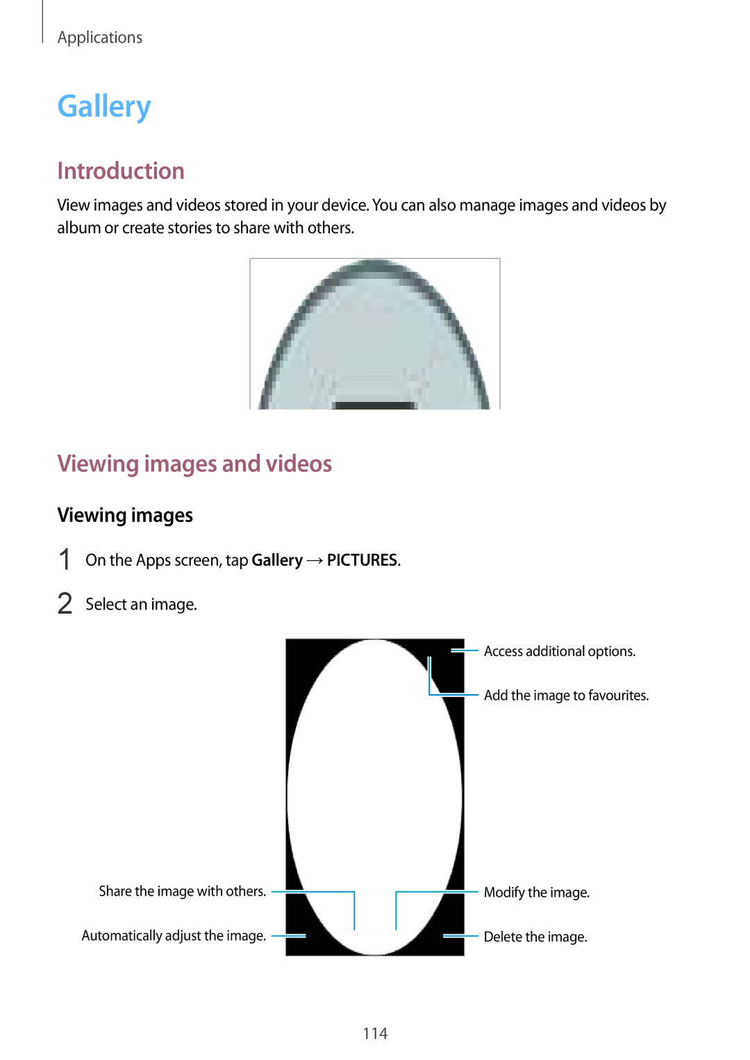 Samsung SM-G935FZBAETL manual Viewing images and videos, On the Apps screen, tap Gallery →PICTURES Select an image 