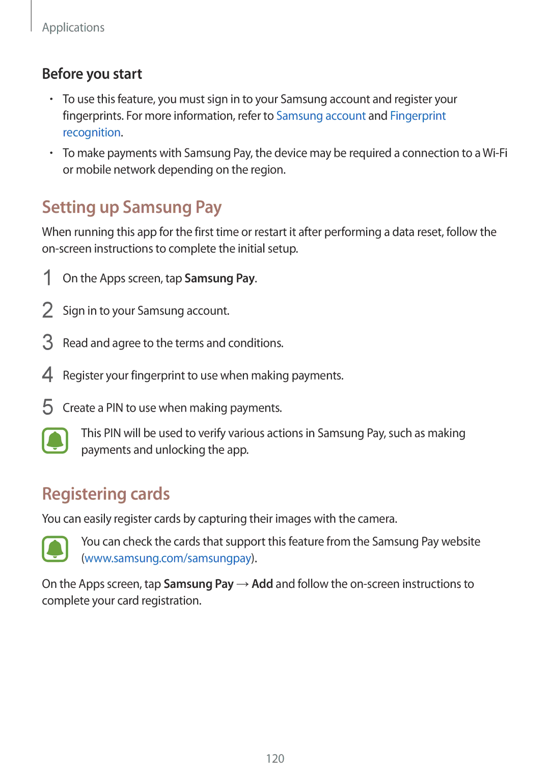 Samsung SM-G935FZSANEE, SM-G935FEDADBT, SM-G935FZKZDBT, SM-G935FZSADBT manual Setting up Samsung Pay, Registering cards 